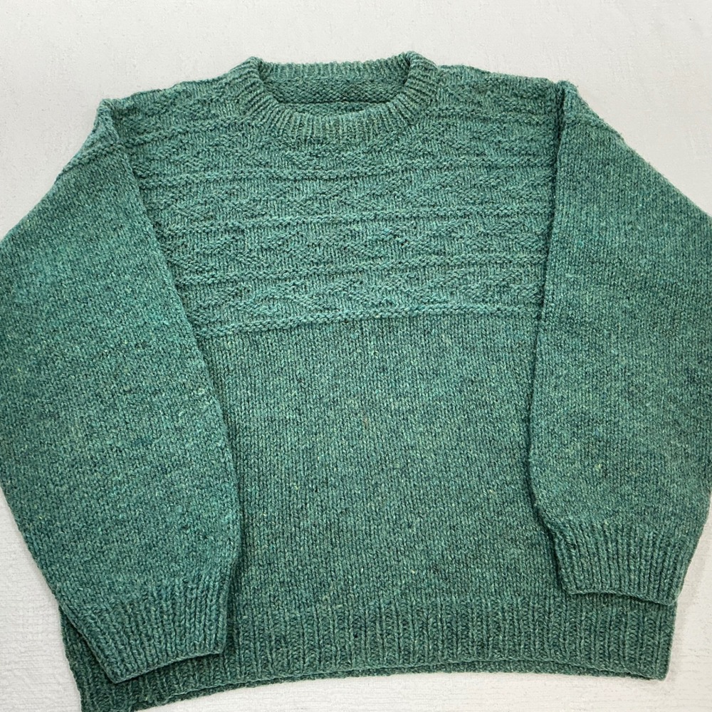 Hand Knit Teal Green Wool Blend Textured‎ Yoke Crewneck Sweater Mens Large